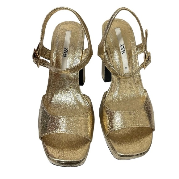 Zara Gold Shimmer Metallic Platform Open Toe Ankle Strap Heel Sandals Size 6.5 - Picture 2 of 10